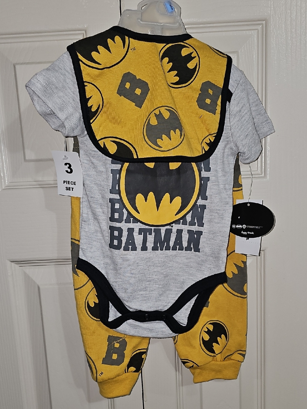 Baby Batman 3-Piece Bodysuit Set in Yellow & Gray